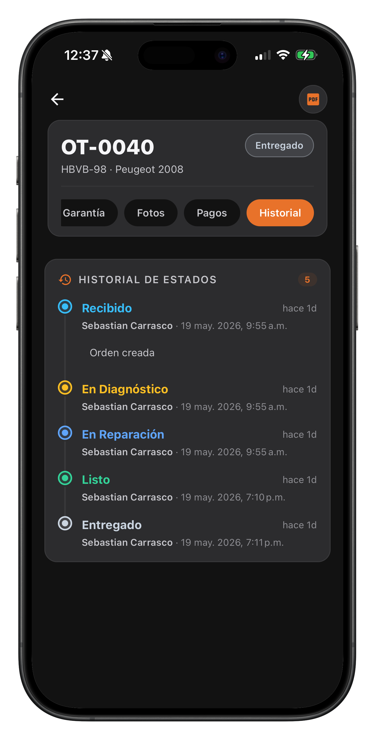 Historial de estados de una OT con timestamps y usuario que realizó cada cambio